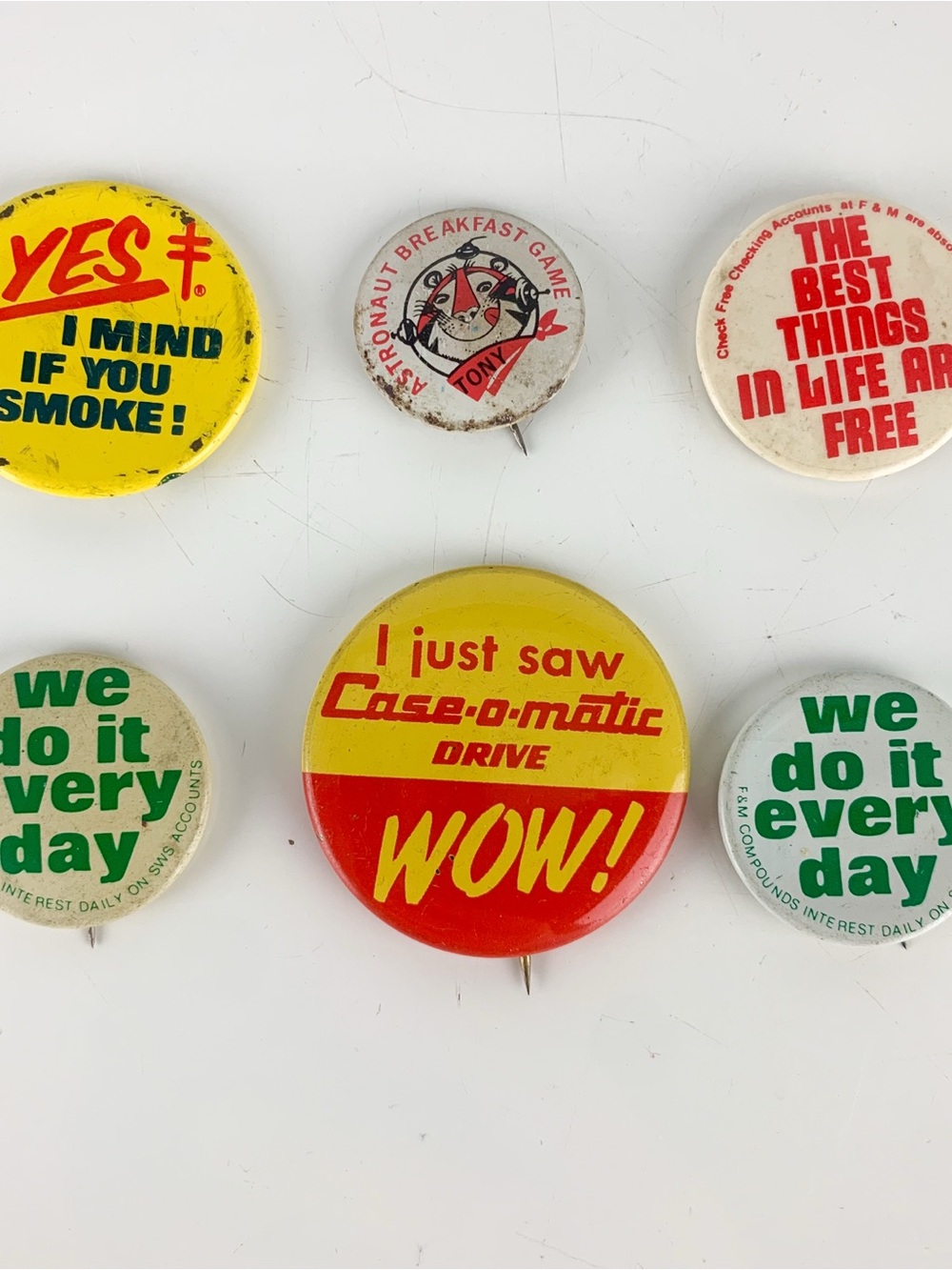 Lot of 6 Vintage Metal Pins No Smoking Caseomatic Tony Tiger Do it Free Pinback
